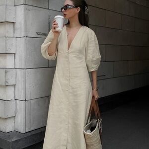 Communes Cotton Linen Blend Button Down Midi Dress